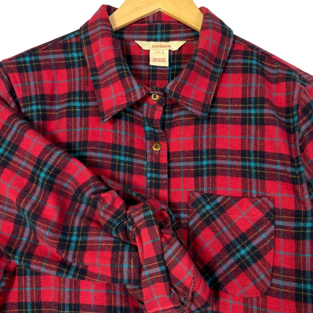 Sundance‎ Womens Large Plaid Button Up Roll Tab Sleeve Flannel Shirt Casual